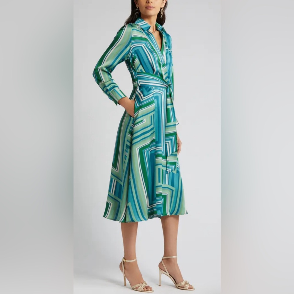 Tahari ASL Abstract Print Long Sleeve Satin Midi Dress size 8, NWT - Picture 5 of 15